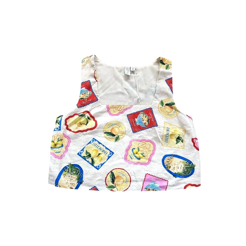 Joie Linen Blend Crop Tank Top Amalfi Coast Lemon Print Retro Pin-Up Small NWT